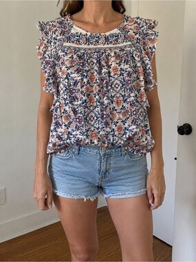 American Eagle Outfitters Floral Ruffle Sleeve Blouse - Cream, Blue & Peach